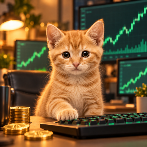 Orange kitten at a trading desk with charts and coins