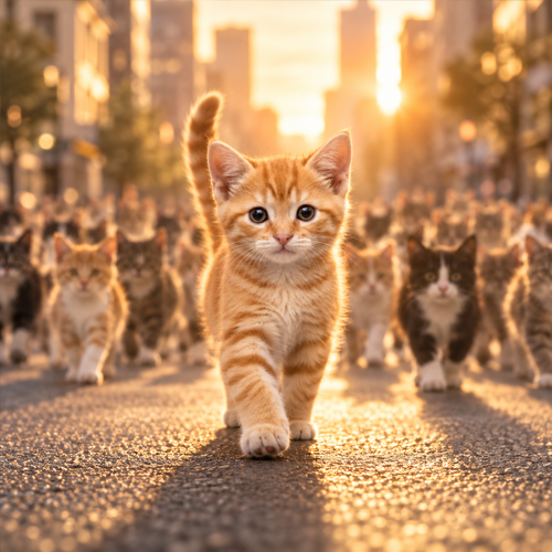 Orange kitten leading a pack of cats down the street