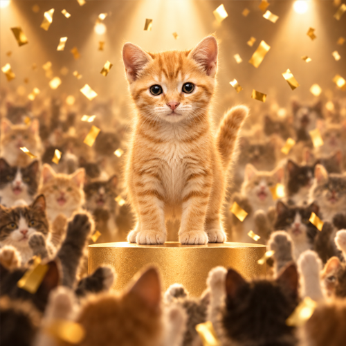 Orange kitten standing on a gold podium above a cheering crowd